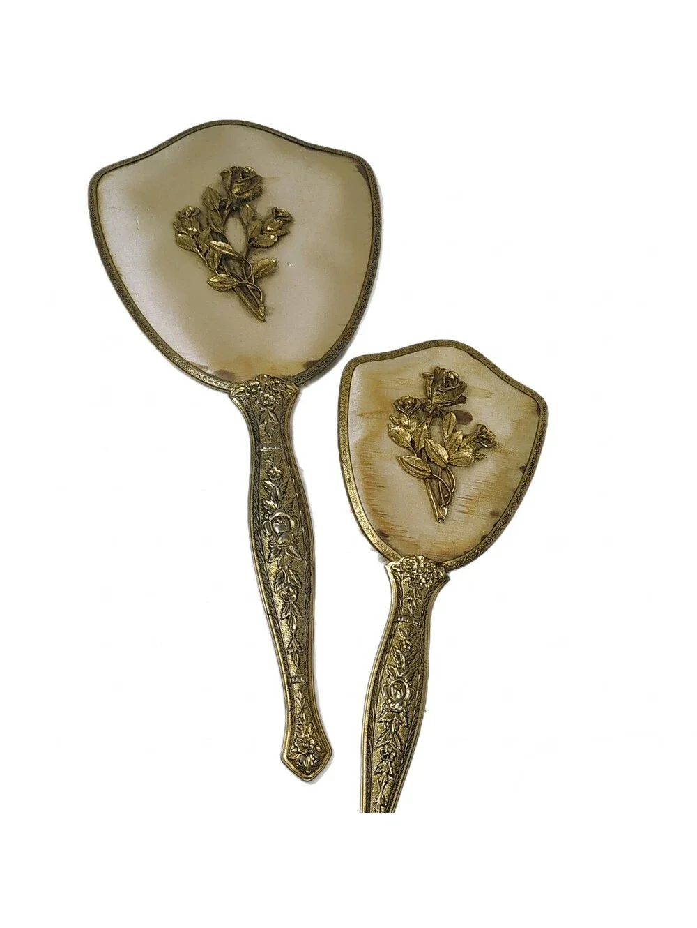 Vintage Handheld Mirror and Hairbrush Set with Gold Floral Detailing